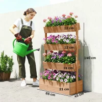 Outsunny Canteiro de Madeira de 4 Níveis Canteiro Elevado Exterior com Orifícios de Drenagem Tecido Não Tecido Castanho(m-3)