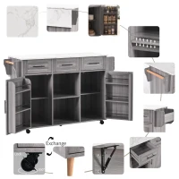 Stylish Kitchen Trolley with Foldable Wood-Grain Countertop, Versatile Buffet with Interchangeable Wheels, 139L x 46W x 91H cm, Gray(m-8)