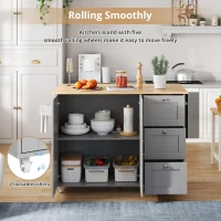 Versatile Kitchen Island with 3 Drawers and 2-Door Cabinet, Space-Saving Rolling Trolley with Foldable Worktop, 135L x 70W x 90H cm, Grey(m-5)