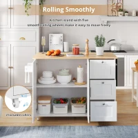 Versatile Kitchen Island with 3 Drawers and 2-Door Cabinet, Space-Saving Rolling Trolley with Foldable Worktop, 135L x 70W x 90H cm, White(m-5)