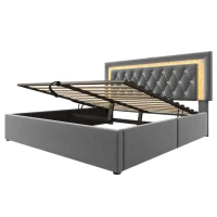 Upholstered Bed with Built-In USB Ports and Type-C Charging, Hydraulic Storage Bed with Adjustable Headboard, 214L x 160W x 108H cm, Grey(m-2)