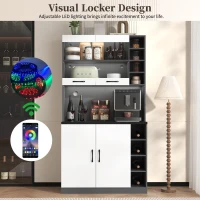 Tall Kitchen Cupboard with LED Lighting and Generous Storage, Freestanding Pantry with Microwave Shelf, 100L x 47W x 187H cm, White+gray(m-4)