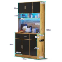 Stylish Tall Pantry Cabinet with App-Controlled LED, Spacious Larder Unit with Water-Resistant Worktop, 100L x 40W x 180H cm, Natural+Black(m-3)