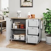 Versatile Kitchen Island with 3 Drawers and 2-Door Cabinet, Space-Saving Rolling Trolley with Foldable Worktop, 135L x 70W x 90H cm, Grey(m-7)