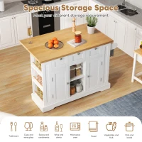 Versatile Kitchen Island with 3 Drawers and 2‑Door Cupboards, Practical Trolley with Extendable Worktop, 132L x 70W x 87H cm, White+Natural(m-5)