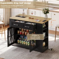 Mobile Kitchen Island with Foldable Tabletop and Sockets, Storage Buffet with Adjustable Shelves, 120L x 65W x 92H cm, Black+Natural(m-5)