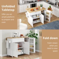 Mobile Kitchen Island with Foldable Oak-Look Worktop, Multi-purpose Trolley with Sliding Drawer, 132.5L x 44W x 90H cm, White+Natural(m-5)