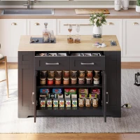 Mobile Kitchen Island with Foldable Tabletop and Sockets, Storage Buffet with Adjustable Shelves, 120L x 65W x 92H cm, Black+Natural(m-1)