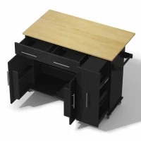 Sleek Kitchen Trolley with Drop Leaf and Pull-Out Organiser, Mobile Kitchen Island with Lockable Castors, 120L x 40W x 90H cm, Black+Natural(m-13)