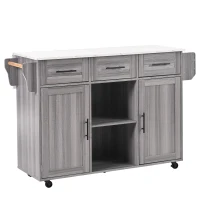 Stylish Kitchen Trolley with Foldable Wood-Grain Countertop, Versatile Buffet with Interchangeable Wheels, 139L x 46W x 91H cm, Gray(m-2)