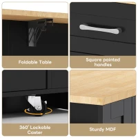 Mobile Kitchen Island with Foldable Tabletop and Sockets, Storage Buffet with Adjustable Shelves, 120L x 65W x 92H cm, Black+Natural(m-8)