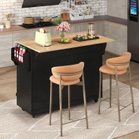 Contemporary Kitchen Storage Trolley with Foldable Dropleaf, Spacious Buffet with Towel Holders, 120L x 71W x 91.5H cm, Black+Natural(m-10)