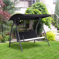 Outsunny Balansoar Hollywood 3 locuri din Polyrattan, balansoar de grădină cu copertină reglabilă, protecție solară, pernă de șezut, bancă suspendată, până la 360 kg, balansoar pentru grădină 198x124x179cm Negru(m-2)