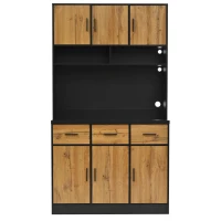 Stylish Tall Pantry Cabinet with App-Controlled LED, Spacious Larder Unit with Water-Resistant Worktop, 100L x 40W x 180H cm, Black+Natural(m-2)