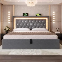 Upholstered Bed with Built-In USB Ports and Type-C Charging, Hydraulic Storage Bed with Adjustable Headboard, 214L x 160W x 108H cm, Grey(m-1)