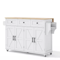 Practical Kitchen Island with 3 Drawers, Door-Mounted Shelf, Trendy Cart with Foldable Countertop, 140L x 70W x 90.5H cm, White+Natural(m-11)