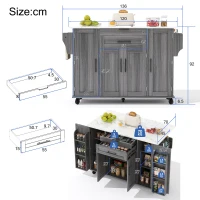 Versatile Kitchen Trolley with Fold-Out Worktop and Lockable Castors, Spacious Kitchen Island with Cabinets, 136L x 70W x 92H cm, Gray(m-3)