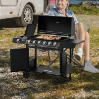 Outsunny Barbecue a Gas con Coperchio, 7 Bruciatori Totali da 20kW e Fornello Laterale, Termometro, Mensola e 2 Ruote, 135x50x100cm Nero(m-2)