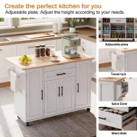 Versatile Kitchen Trolley with Fold-Out Worktop, Spacious Storage Island with Double-Door Cabinets, 136L x 70W x 92H cm, White+Natural(m-5)