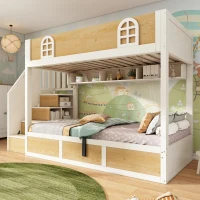 Cabin-Style Bunk Bed with Staircase Cabinet & Underbed Storage, Space-Saving Single Bed for Kids, 243L x 95W x 152H cm, Natural+White(m-7)