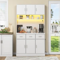 Stylish Tall Pantry Cabinet with App-Controlled LED, Spacious Larder Unit with Water-Resistant Worktop, 100L x 40W x 180H cm, White(m-9)