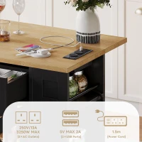 Mobile Kitchen Island with Foldable Tabletop and Sockets, Storage Buffet with Adjustable Shelves, 120L x 65W x 92H cm, Black+Natural(m-7)