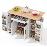 Versatile Kitchen Trolley with Fold-Out Worktop, Spacious Storage Island with Double-Door Cabinets, 136L x 70W x 92H cm, White+Natural(m-12)