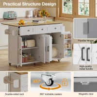 Practical Kitchen Island with 3 Drawers, Door-Mounted Shelf, Trendy Cart with Foldable Countertop, 140L x 70W x 90.5H cm, White+Natural(m-6)