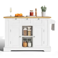 Versatile Kitchen Island with 3 Drawers and 2‑Door Cupboards, Practical Trolley with Extendable Worktop, 132L x 70W x 87H cm, White+Natural(m-13)