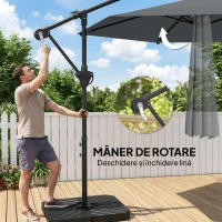 Outsunny Umbrelă de Grădină Offset 3x3 m, Umbrelă de Exterior cu Greutăți Reumplibile, Bază în Formă de Cruce, Sistem de Blocare, Manivelă, pentru Piscină Terasă, UV 30+, Gri Închis(m-8)