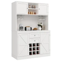 Tall Kitchen Cabinet with Wine Rack and Adjustable Shelves, Spacious Kitchen Cupboard with Doors and Drawers, 120L x 40W x 188H cm, White(m-14)