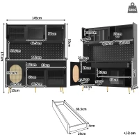 Country-Style Sideboard with Fluted Glass Doors and App-Controlled LED Strip, Storage Buffet with Pegboard Back, 145L x 39W x 171H cm, Black(m-3)