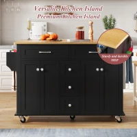 Versatile Kitchen Trolley with Extendable Worktop and 5 Drawers, Sturdy Buffet with Lockable Castors, 140L x 65W x 89H cm, Black+Natural(m-5)