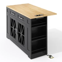 Mobile Kitchen Island with Foldable Tabletop and Sockets, Storage Buffet with Adjustable Shelves, 120L x 65W x 92H cm, Black+Natural(m-12)