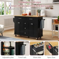 Versatile Kitchen Trolley with Extendable Worktop and 5 Drawers, Sturdy Buffet with Lockable Castors, 140L x 65W x 89H cm, Black+Natural(m-4)