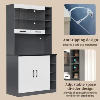 Tall Kitchen Cupboard with LED Lighting and Generous Storage, Freestanding Pantry with Microwave Shelf, 100L x 47W x 187H cm, White+gray(m-6)