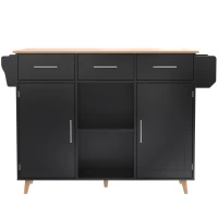 Stylish Kitchen Trolley with Foldable Wood-Grain Countertop, Versatile Buffet with Interchangeable Wheels, 139L x 46W x 91H cm, Black+Natural(m-2)