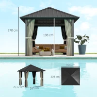 Outsunny Pavilion cu acoperiș solid 3 x 3 m, pavilion de grădină cu acoperiș metalic, cort de grădină impermeabil cu plasă și pereți laterali, Gri închis(m-3)