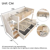 Cabin-Style Bunk Bed with Staircase Storage Cube & Hanging Baskets, Hydraulic-Lift Bed for Children, 244L x 140W x 155H cm, Natural+White(m-3)