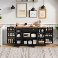 Multifunctional Kitchen Sideboard with Double-Door Compartment, Spacious Cabinet with Adjustable Shelves, 138L x 40W x 85H cm, Black(m-1)