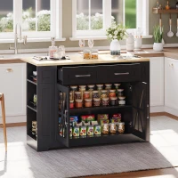 Mobile Kitchen Island with Foldable Tabletop and Sockets, Storage Buffet with Adjustable Shelves, 120L x 65W x 92H cm, Black+Natural(m-9)