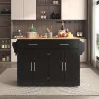 Contemporary Kitchen Storage Trolley with Foldable Dropleaf, Spacious Buffet with Towel Holders, 120L x 71W x 91.5H cm, Black+Natural(m-9)