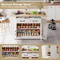 Mobile Kitchen Island with Foldable Tabletop and Sockets, Storage Buffet with Adjustable Shelves, 120L x 65W x 92H cm, White+Natural(m-4)