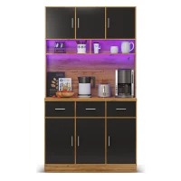 Stylish Tall Pantry Cabinet with App-Controlled LED, Spacious Larder Unit with Water-Resistant Worktop, 100L x 40W x 180H cm, Natural+Black(m-10)