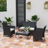 Outsunny Set mobilier de grădină exterior 4 persoane din rășină împletită cu canapele și măsuță din sticlă securizată perne incluse gri(m-6)