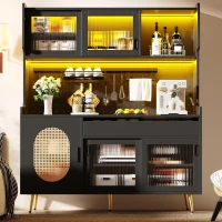 Country-Style Sideboard with Fluted Glass Doors and App-Controlled LED Strip, Storage Buffet with Pegboard Back, 145L x 39W x 171H cm, Black(m-1)
