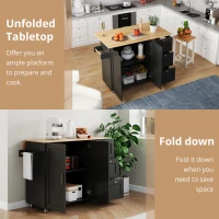 Versatile Kitchen Island with 3 Drawers and 2-Door Cabinet, Space-Saving Rolling Trolley with Foldable Worktop, 135L x 70W x 90H cm, Black(m-6)