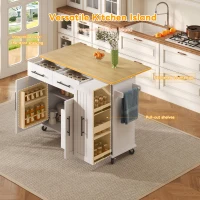 Sleek Kitchen Trolley with Drop Leaf and Pull-Out Organiser, Mobile Kitchen Island with Lockable Castors, 120L x 40W x 90H cm, White+Natural(m-4)