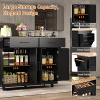 Contemporary Kitchen Storage Trolley with Foldable Dropleaf, Spacious Buffet with Towel Holders, 120L x 71W x 91.5H cm, Black+Natural(m-5)
