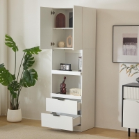 Freestanding Pantry Cabinet with 2 Open Sliding Shelves, Multifunctional Sideboard for Dining & Living Rooms, 59.5L x 45W x 200H cm, White